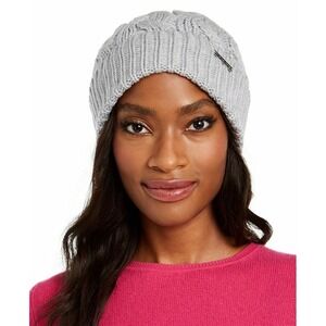 MICHAEL Michael Kors Patchwork Cable Knit‎ Cuff Hat Pearl Heather Grey NEW